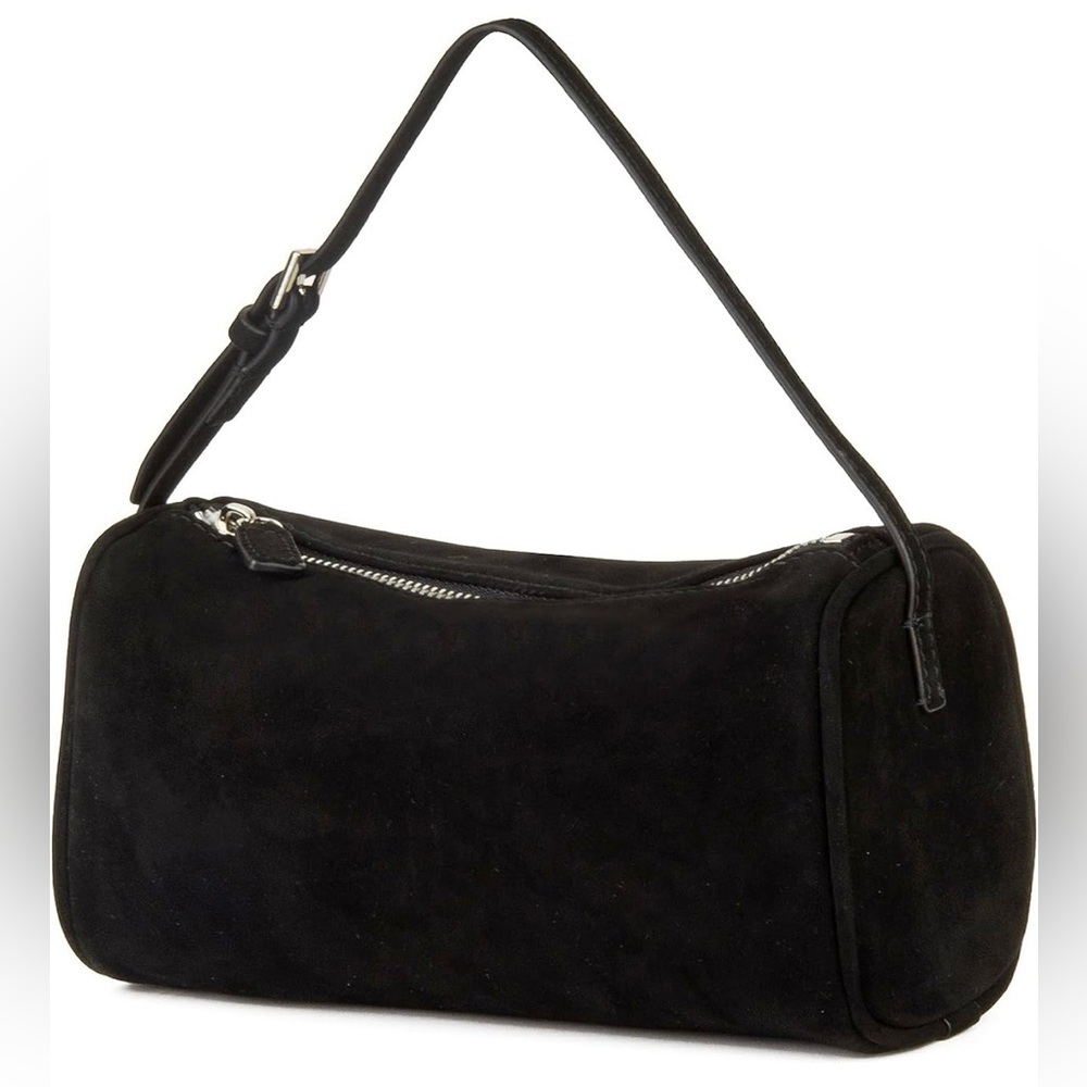 Black Suede Barrel Bag, NEW with Dust Bag